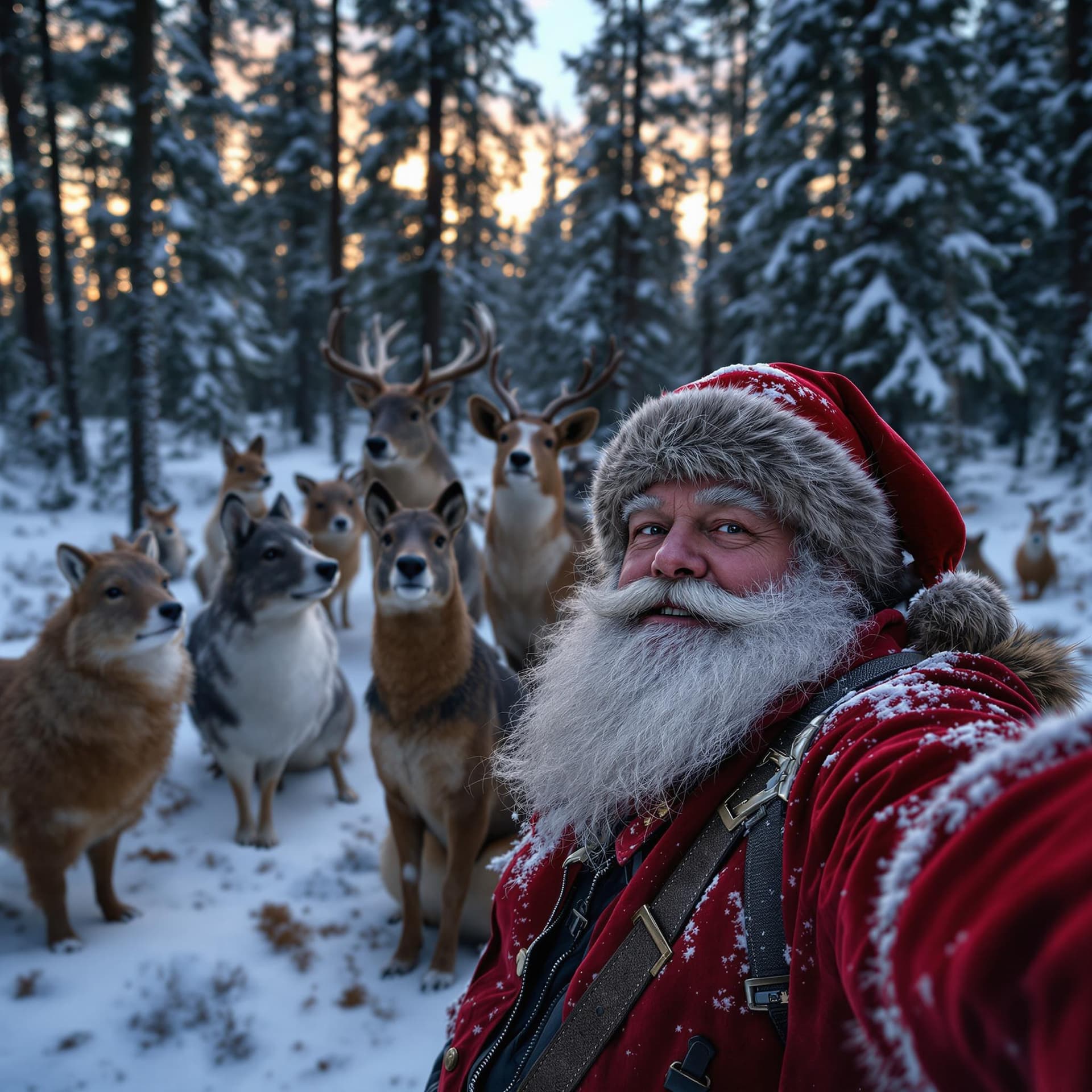 AI generated: In the winter forest, there is an field with many forest animals standing on it. Santa Claus wearing...