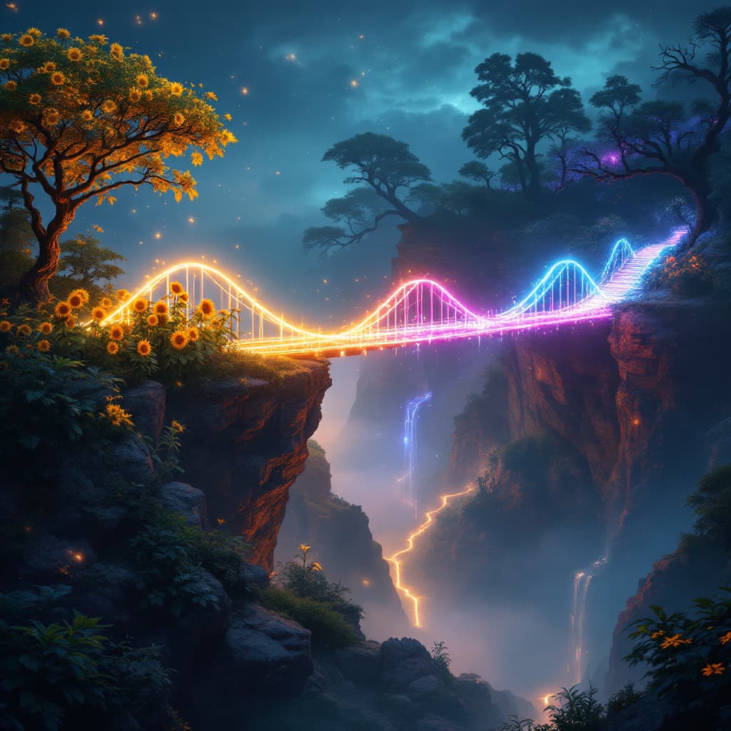 AI generated: 
"Create an photorealistic pictue of a bridge made entirely out of glowing, colorful lights that con...
