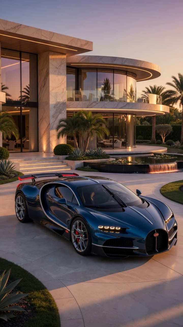 AI generated: Photorealistic 2026 Bugatti Tourbillon hypercar parked elegantly in the grand circular driveway of a...