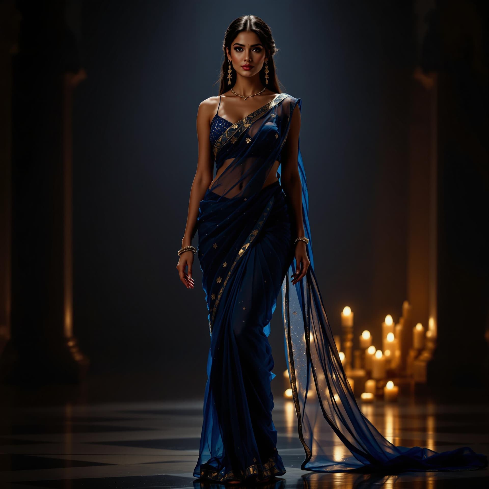 AI generated: Full body view of  a Beautiful Indian woman wearing a translucent deep blue saree, slim waist, curvy...