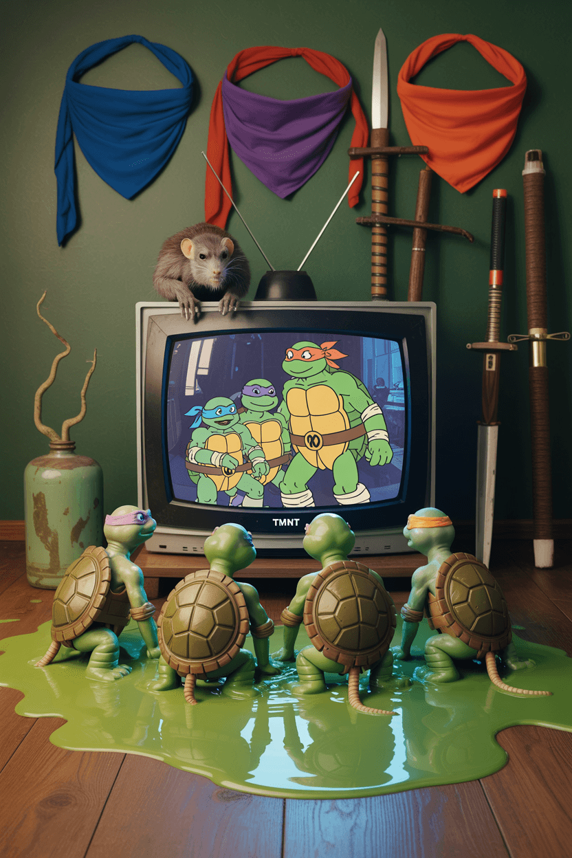AI generated: Grungy, unedited analog photo of four baby turtles that look real life watcing the 1987 tmnt cartoon...