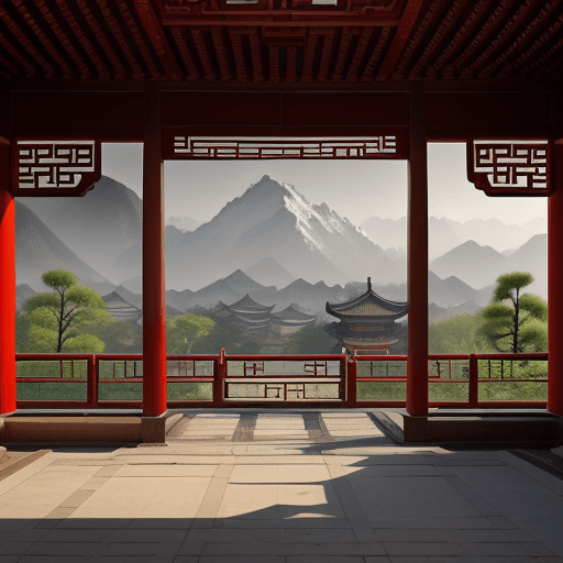 AI generated: A Chinese courtyard, There are mountains in the distance, and ancient Chinese palaces nearby ，Ancien...