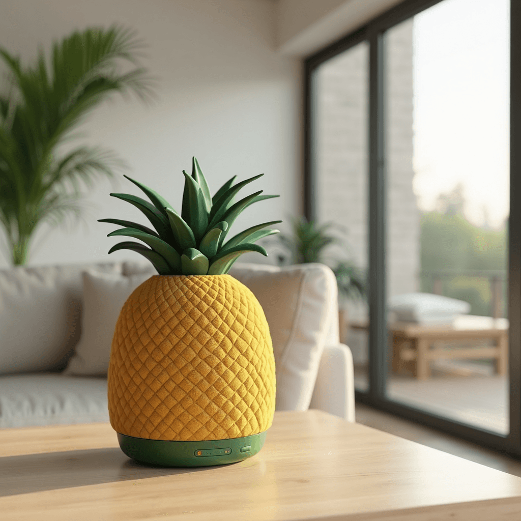 AI generated: (lifelike fabric textures,current playing music track title on a speaker info panel, plastic panel w...
