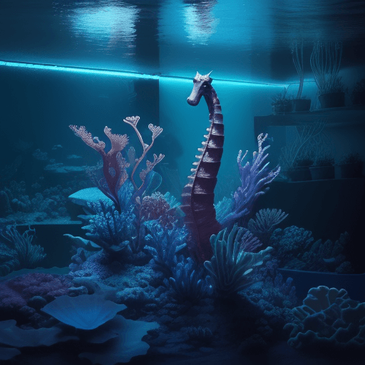 AI generated: School of neon seahorses in dark blue water.  Electric plants