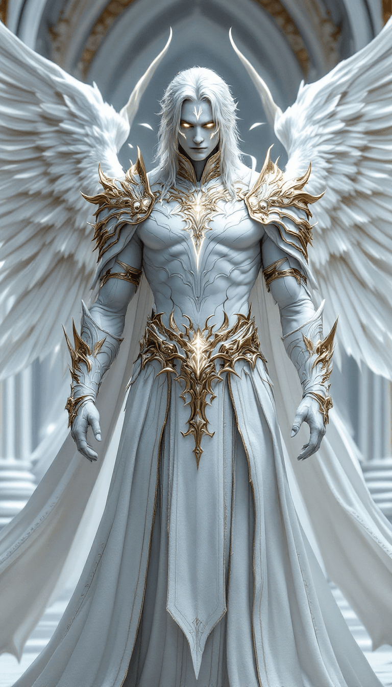 AI generated: all white, white final fantasy, male, mage, priest, white body skin, fantasy big white color full bo...
