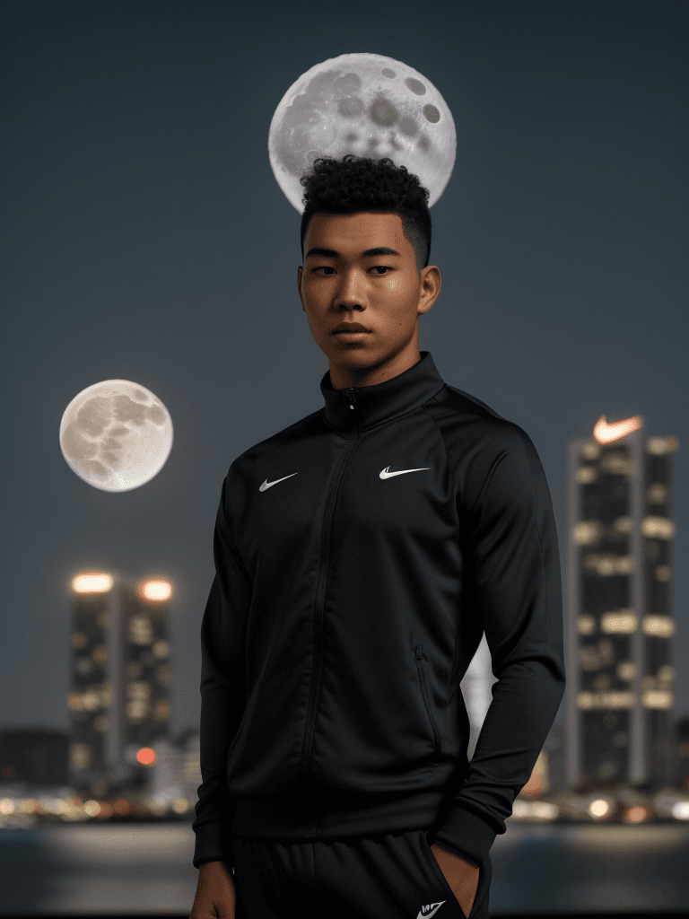 AI generated: young man moai head using nike tracksuit, night time, big full moon above the city lights in the bac...