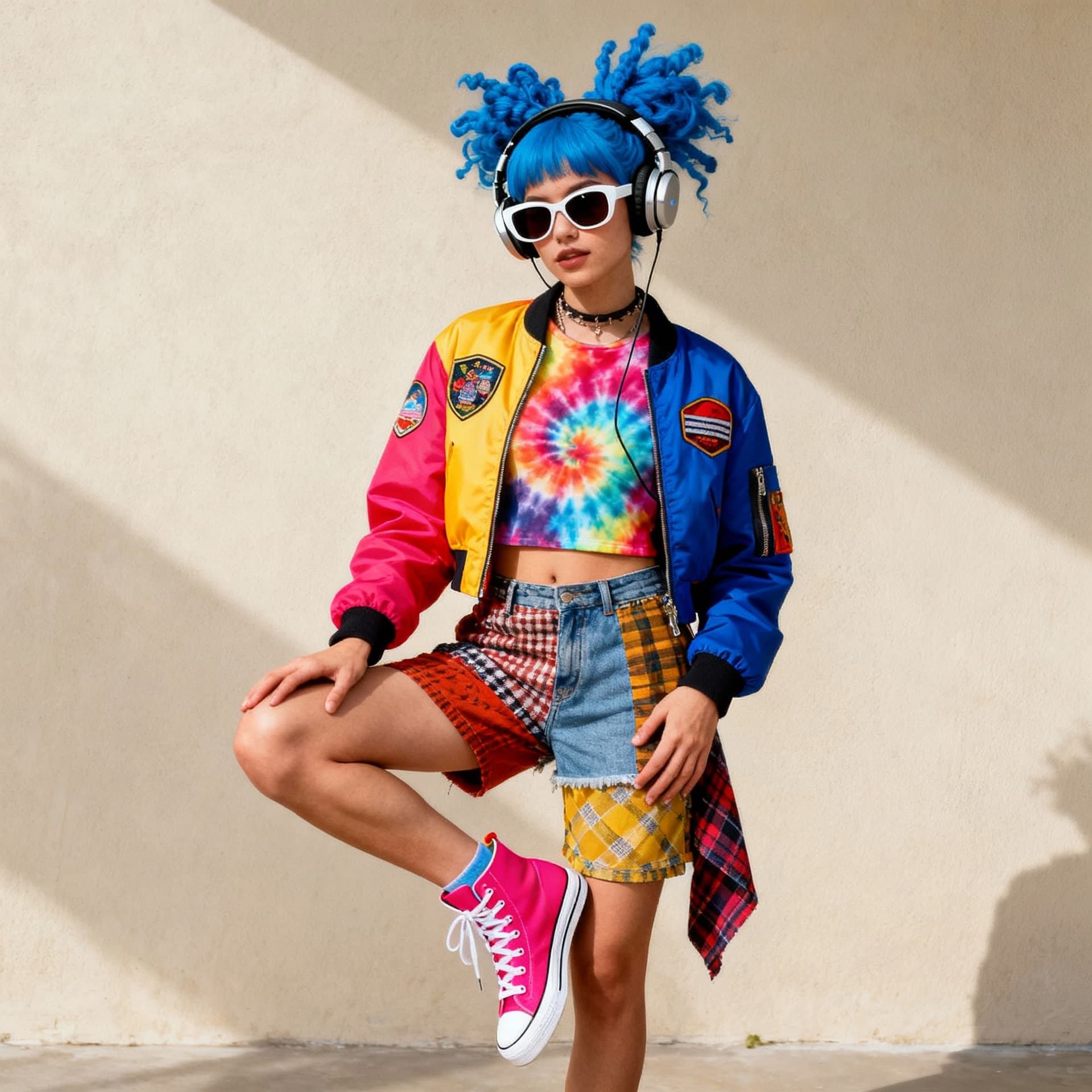 AI generated: a person posing in an eclectic and colorful outfit. They are wearing a vibrant jacket with patches, ...