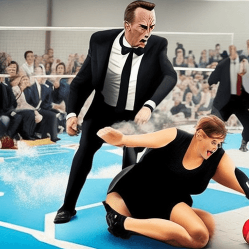 AI generated: Woman saving a james bond-esque character by smashing a volleyball in the villains face.