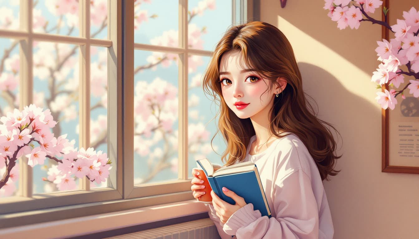 AI generated: Flat illustration, line art, A lovable and charming girl left hand holding a book, right hand holdin...