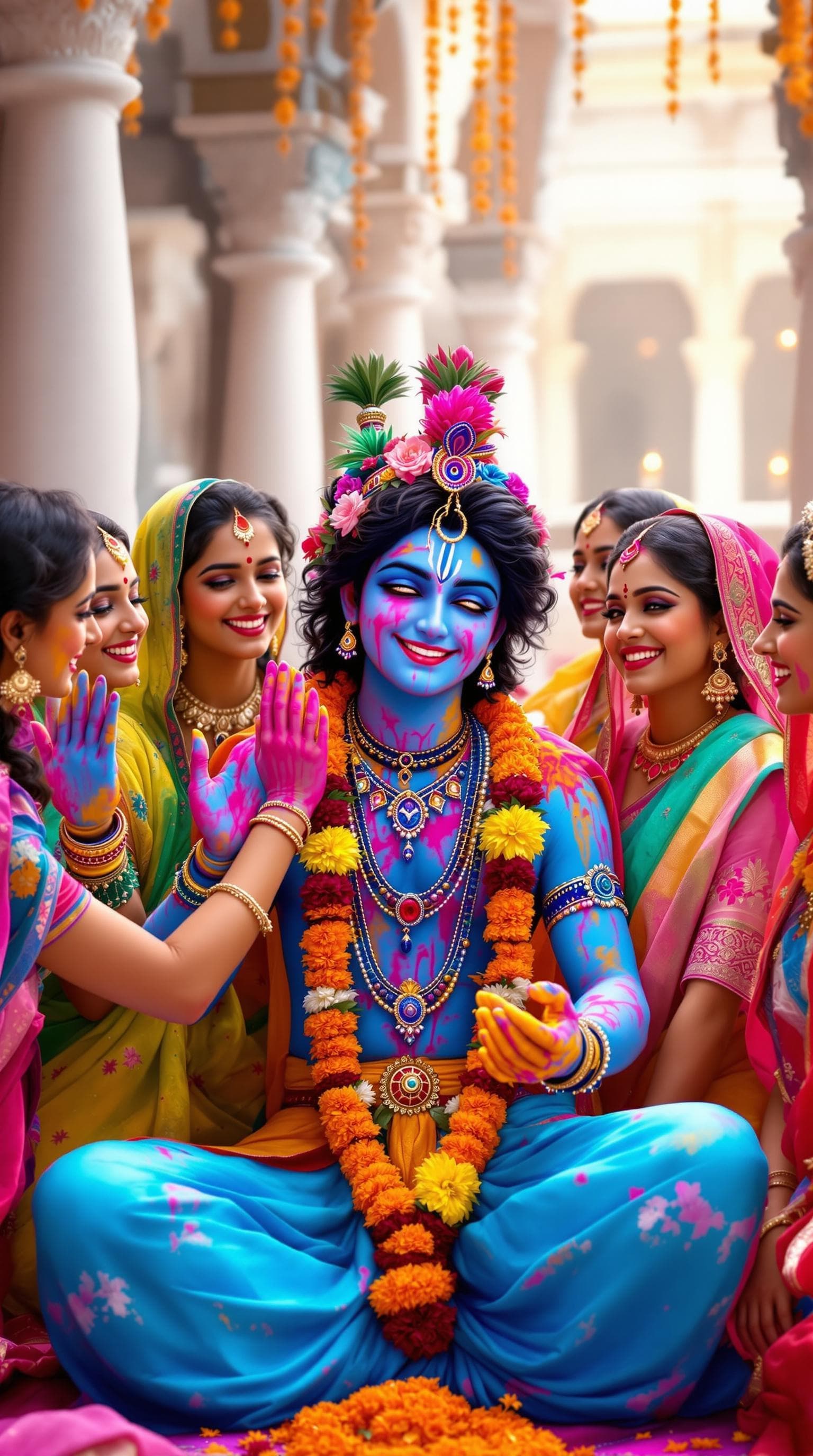 AI generated: "A high-detail, ultra-HD image of Krishna surrounded by laughing Gopis, all dressed in colorful lehe...
