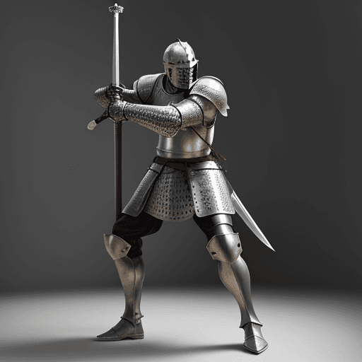 AI generated: Medieval knight, swinging a long sword, full body armor, highly realistic, ultra-detailed --ar 68:12...