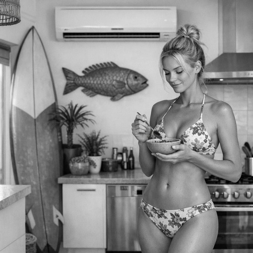 AI generated: In the black-and-white photograph, a slender, blonde woman with her hair tied up, wearing a floral b...