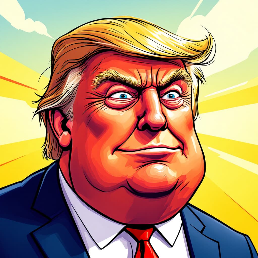 AI generated: A comically exaggerated, cartoonish portrait of Donald Trump with an oversized, red face, a prominen...