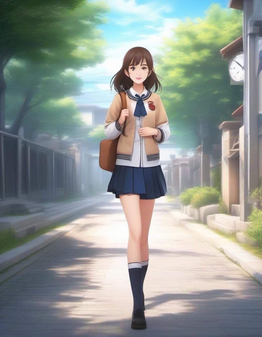 AI generated: anime girl walking down a street in a school uniform, smooth anime cg art, anime visual of a cute gi...