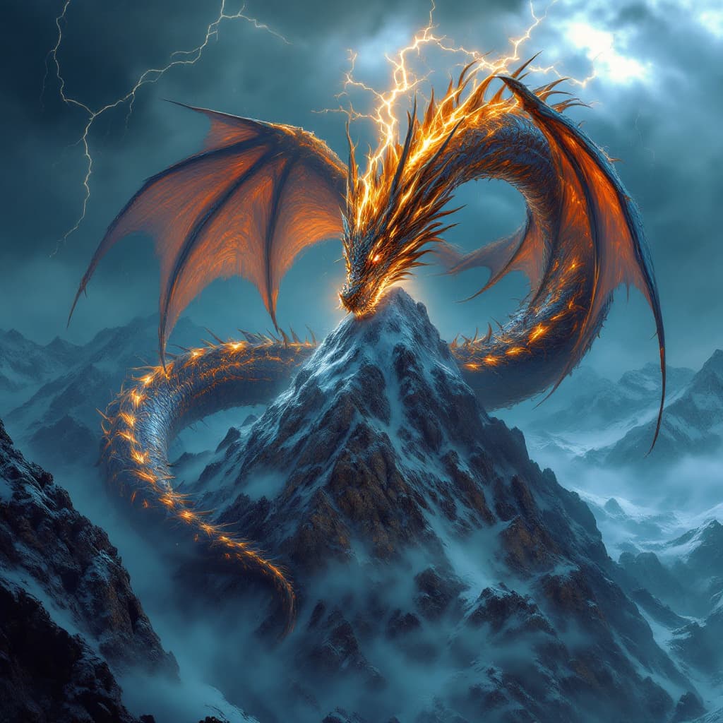 AI generated: 5.	a close up of a  western dragon curled around a mountain peak during a thunderstorm, lightning il...