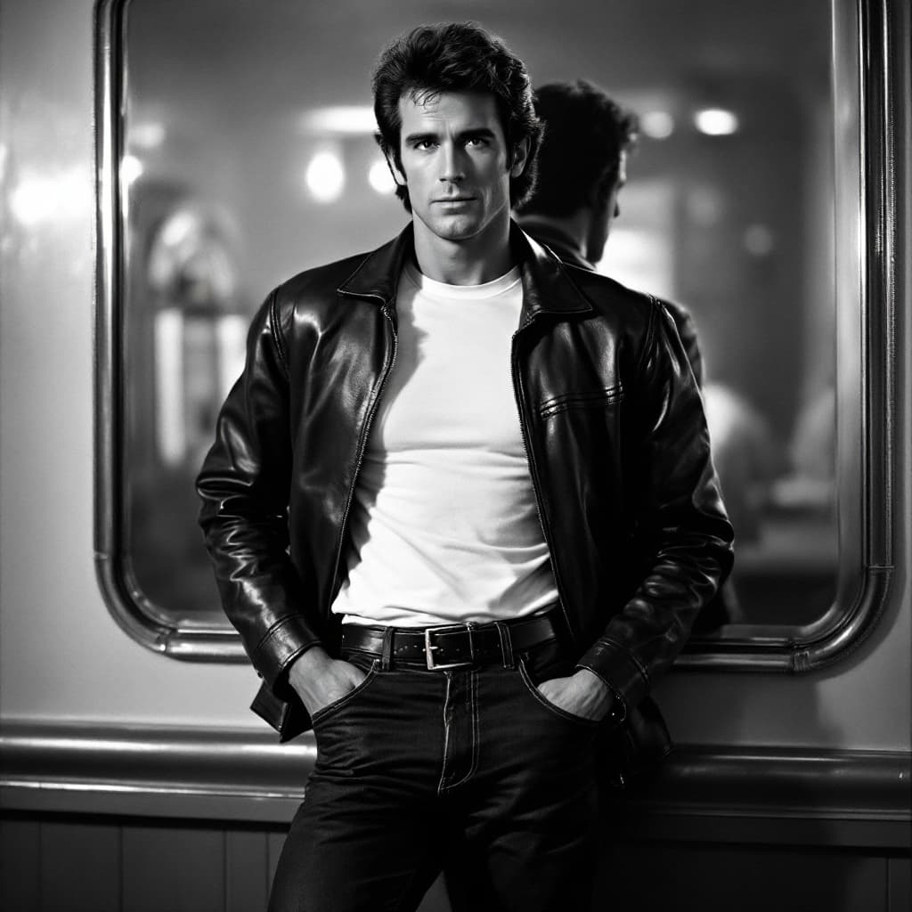 AI generated: A black-and-white scene captures the effortlessly cool essence of the Fonz from *Happy Days*. Standi...