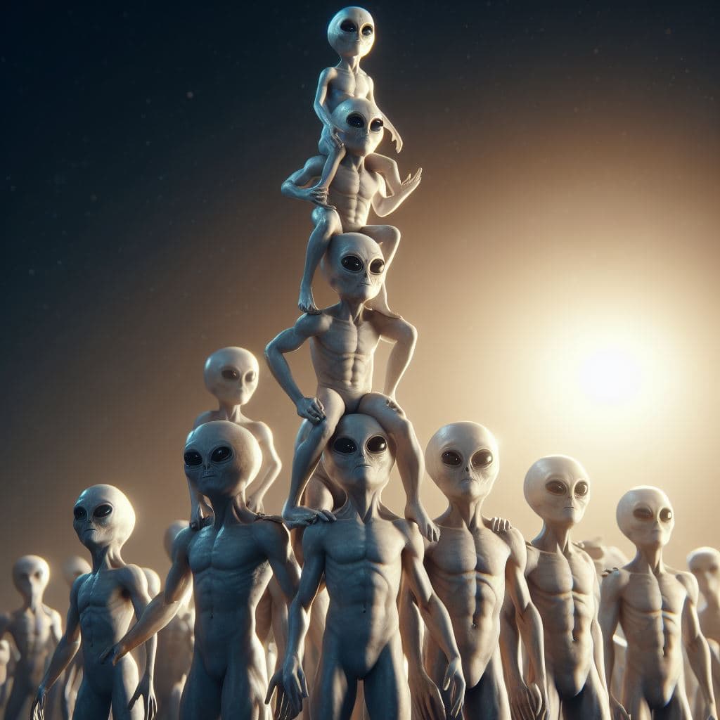 AI generated: A photo of a stack of happy Alien people standing on each others shoulders, human pyramid, cinematic...
