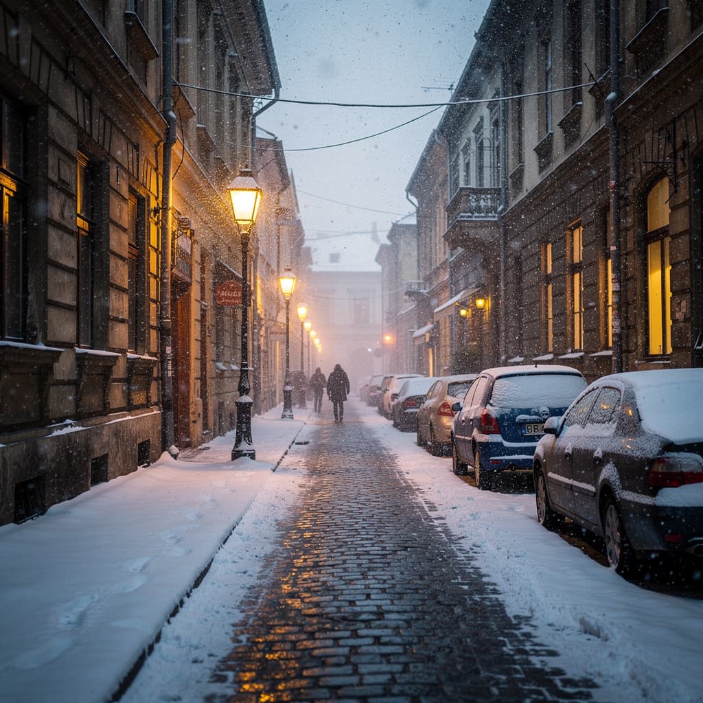 AI generated: Bucharest| street| old town| old city| winter| heavy snow| comprehensive cinematic| Atmosphere| Mast...