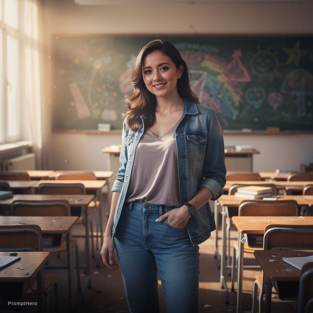 AI generated: A nude young woman poses seductively in a deserted classroom, styled in Artgerm's vibrant photograph...