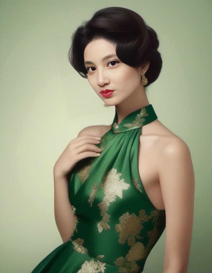 AI generated: a woman in a green dress posing for a picture, a colorized photo, inspired by Richard Avedon, tumblr...