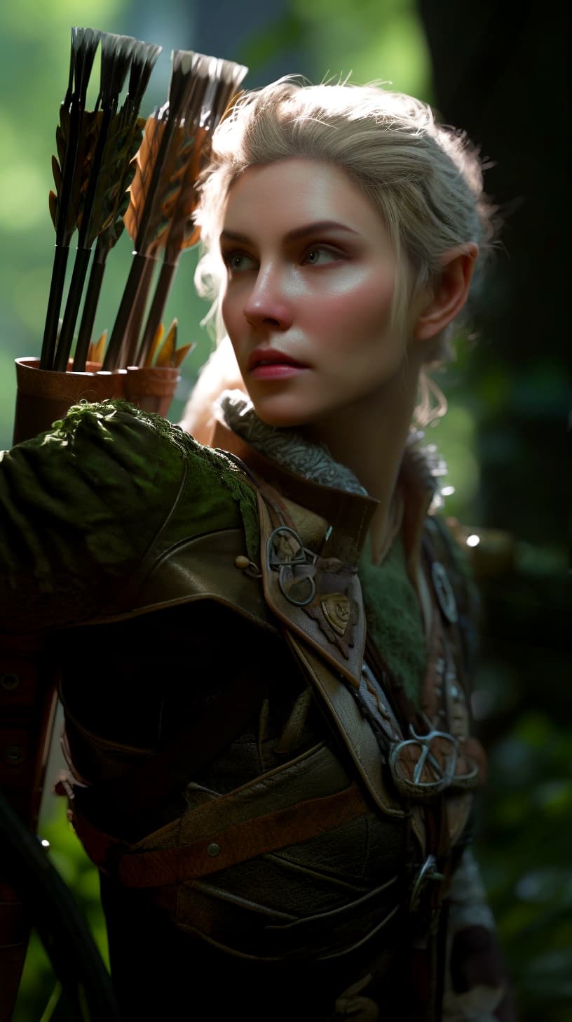 AI generated: Ultra-detailed beautiful elf female archer in the woods, RPG, dungeons & dragons, intricate design a...