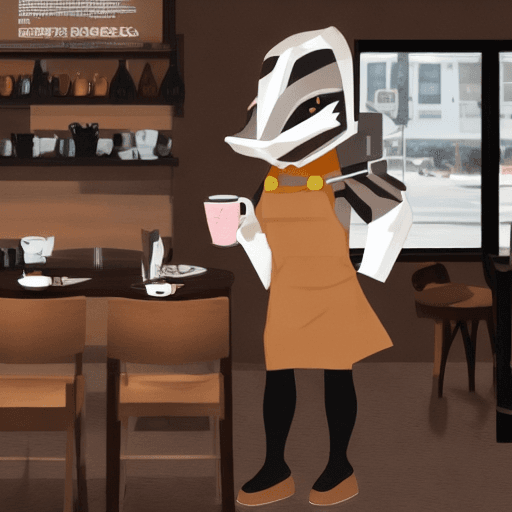 AI generated: Realistic image of a protogen having coffee at a coffee shop 