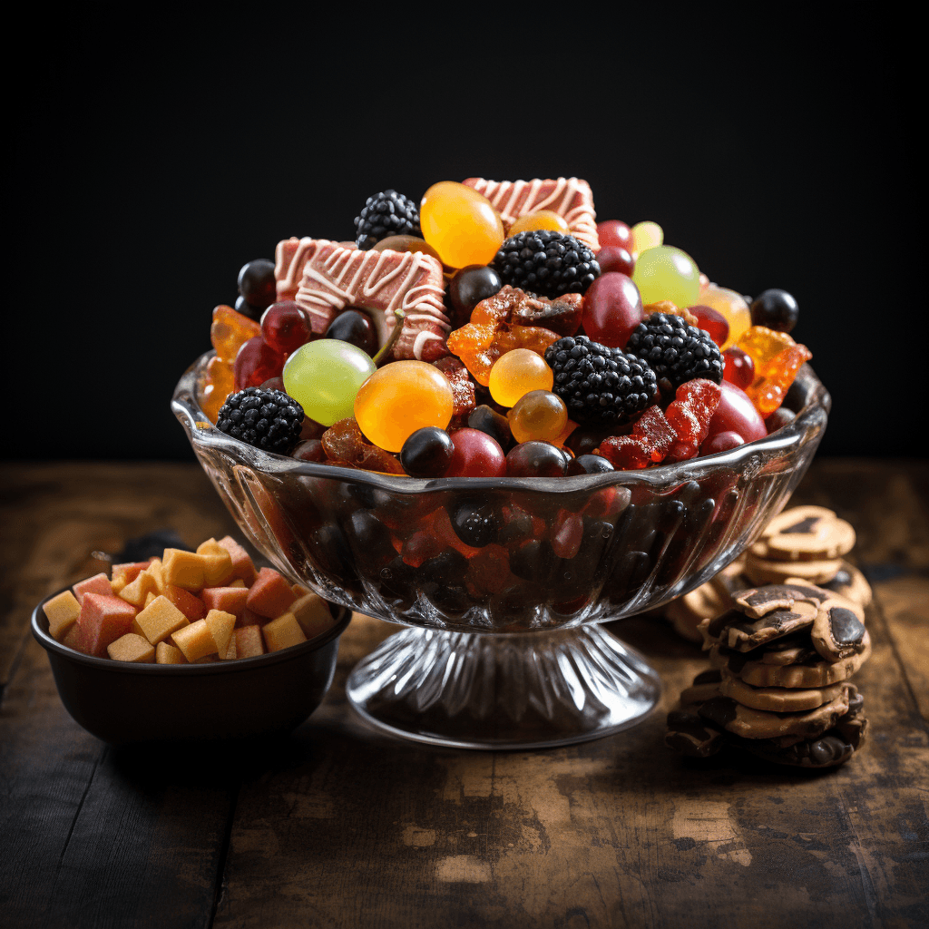 AI generated: halloween candy in a bowl with fruit, strawberries, blackberries, raspberries, gummy bears, cookies