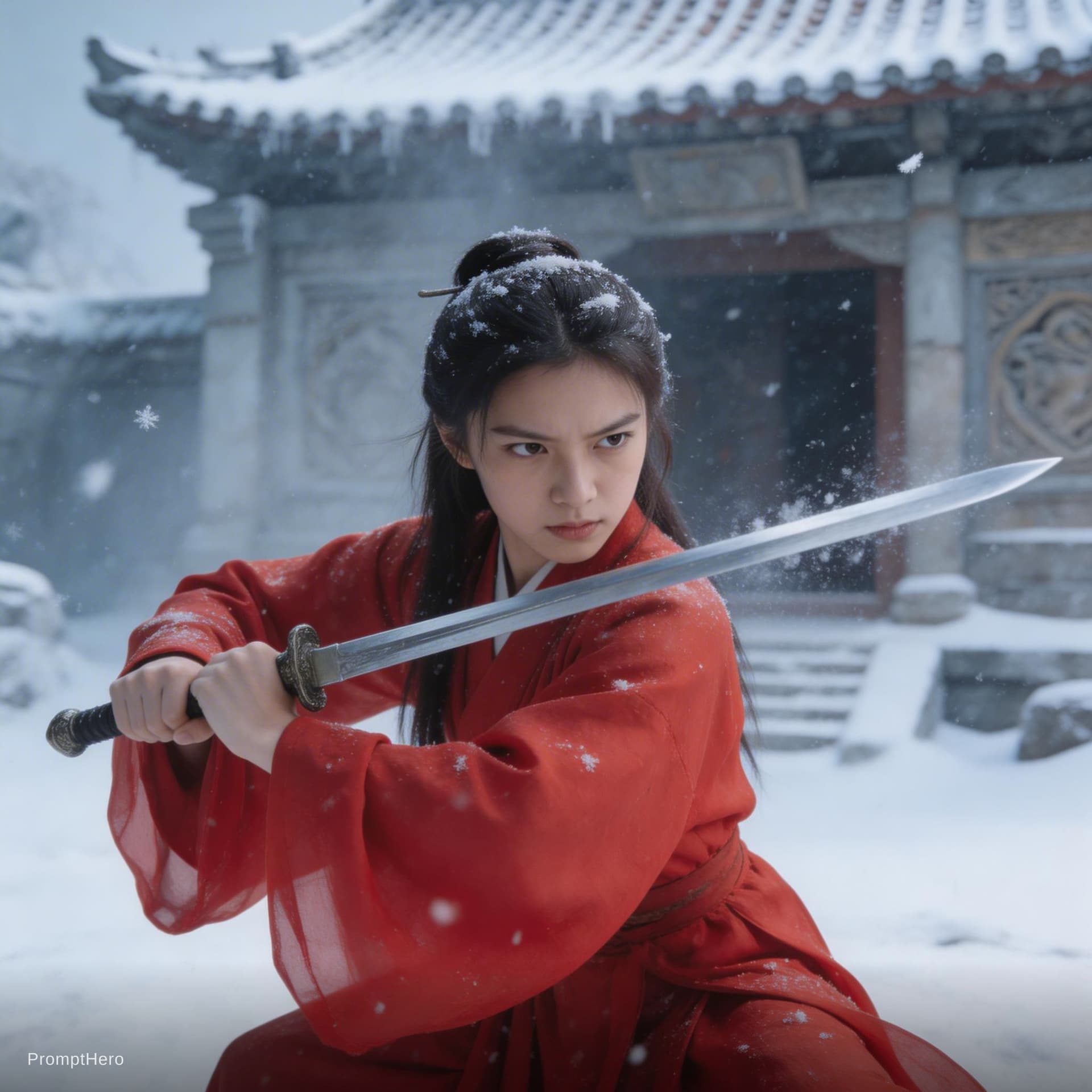 AI generated: A beautiful young girl in thin red Hanfu, training with a sword in heavy snowfall, desolate ancient ...