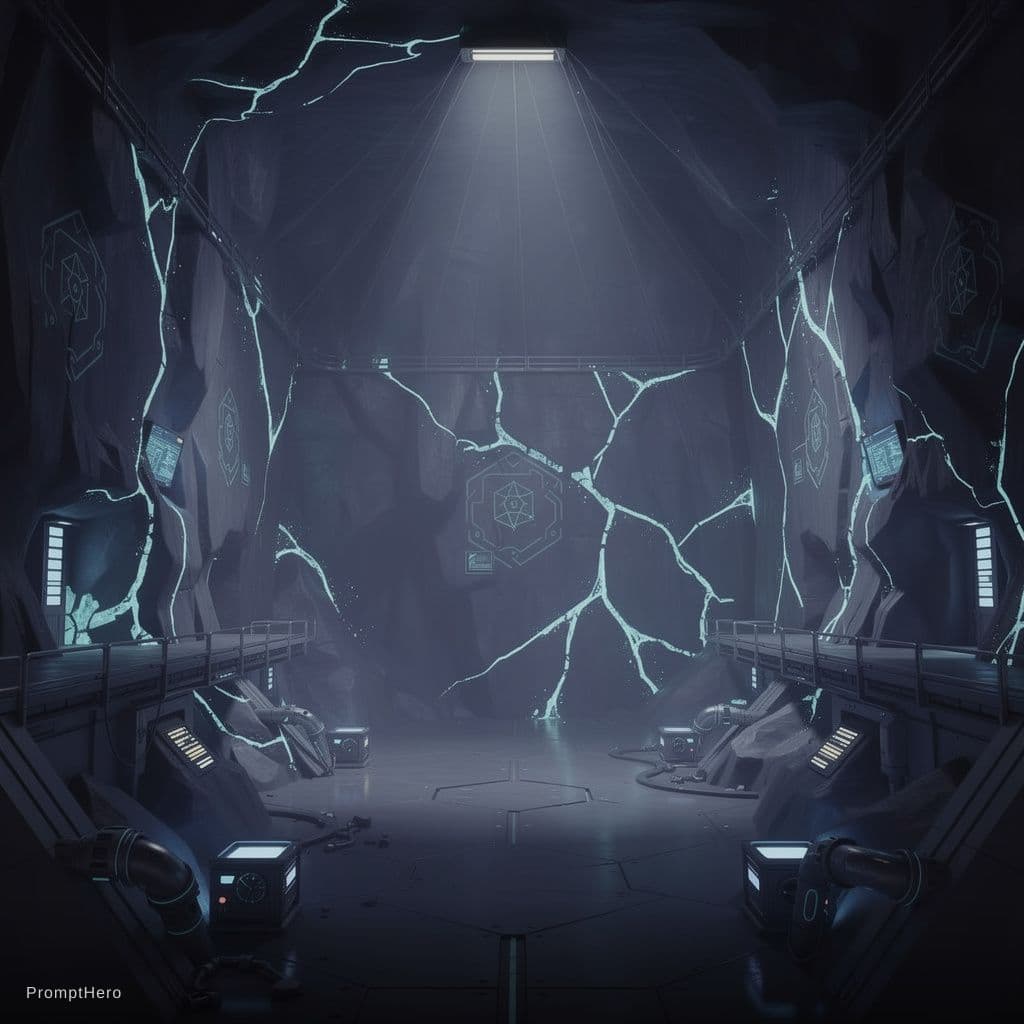 AI generated: deep underground digital mine, dark navy blue #151035 dominant, sparse cyan crystal 
veins glowing s...