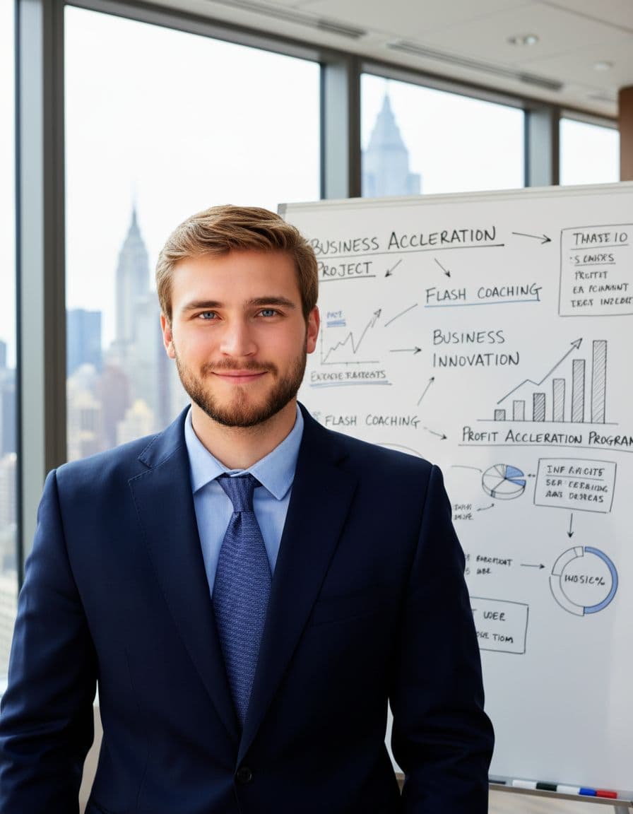 AI generated: A confident businessman with blue eyes, medium-length curly light blonde hair, fair skin, and a tail...