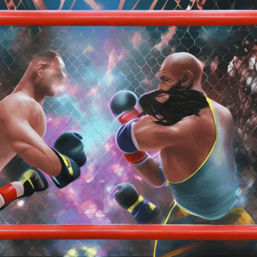 AI generated: Cinematic, colorfull, High Contrast,Two fighters are fighting in the cage. Many spectators. The refe...