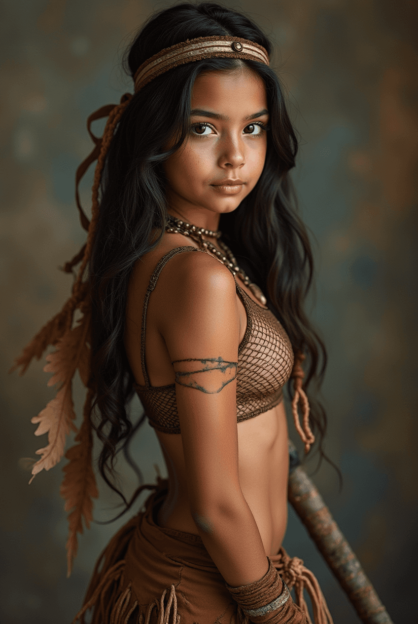 AI generated: apache costume,  Cut-out, apache young preteen in 1755 in colorado,sweet  girl indian Assecoirs  and...