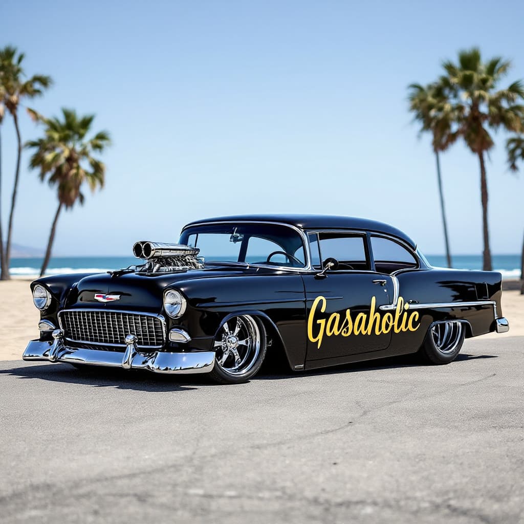 AI generated: 1955 Chevy deep metallic black with Gold "Gasaholic" painted centered on the doors. It is a 60's sty...