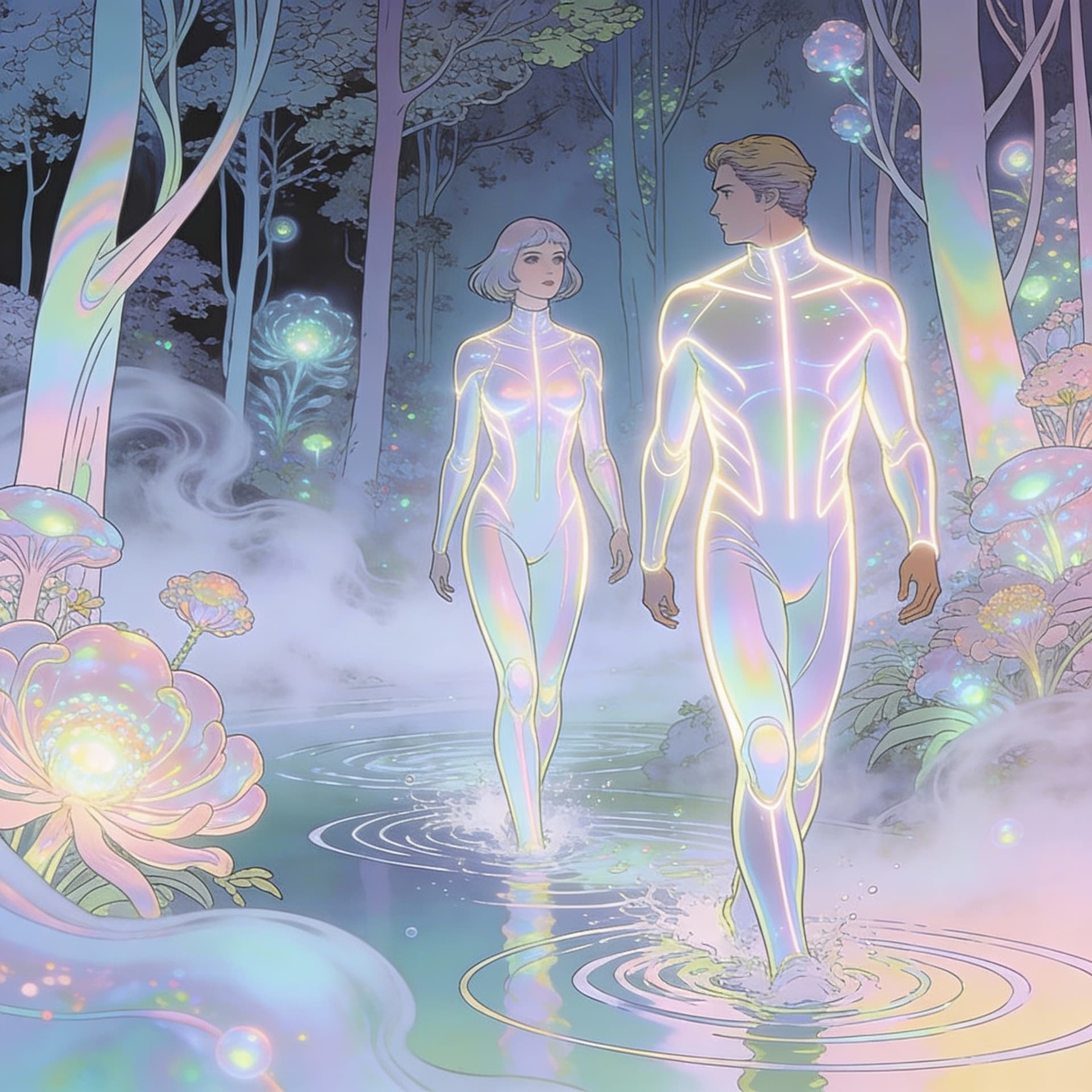 AI generated: The moebius art style unveils a mesmerizing scifi couple  in the mesmerizing beauty of the opalescen...
