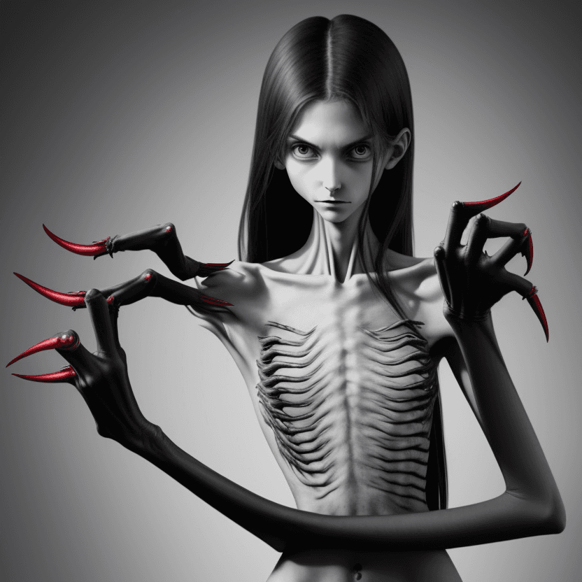 AI generated: woman's arms with hands with black long curved claws (almost claws) of skinny anorexic girl
