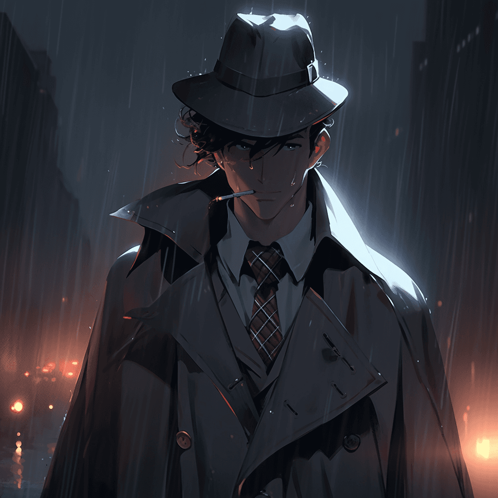 AI generated: A mysterious detective, solving crimes in the rain, in the style of Marvelous, black and gray color ...