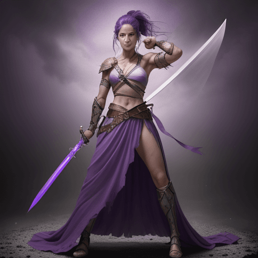 AI generated: A full-body image depicts a female warrior dressed in purple, a lone cancer survivor, standing on a ...