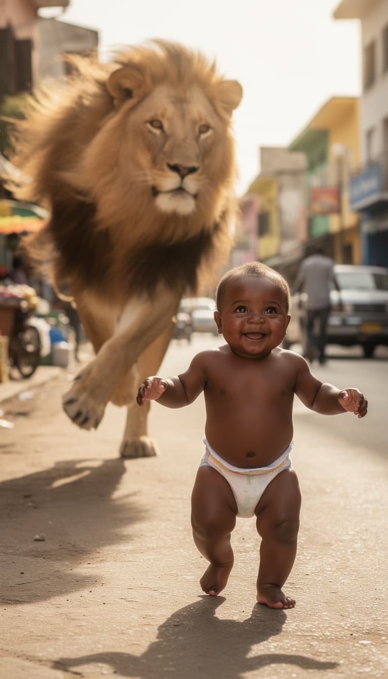 AI generated: A hyper-realistic dark-skinned baby, around 12 months old, wearing only a diaper, joyfully walking d...