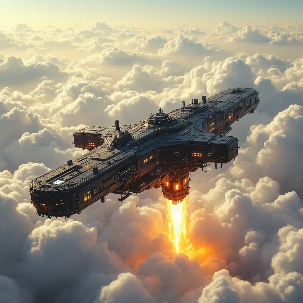AI generated: The image depicts a large, futuristic spacecraft or space station that appears to be ascending into ...