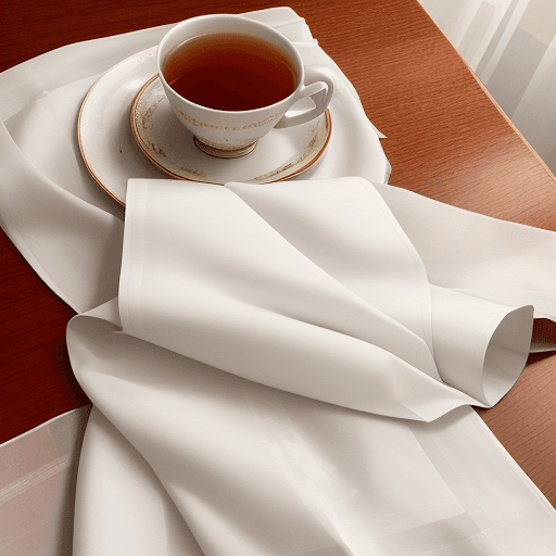AI generated: A white saree is lying on the dining table. And there are tea stains on it and a cup of tea lying ho...
