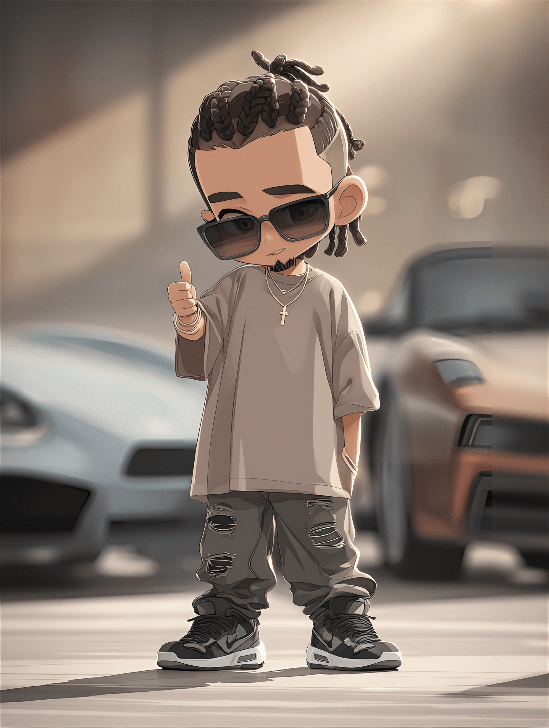 AI generated: cute caricature chibi, casual cool chibi, giving a thumbs up, the casual cool chibi is wearing an ov...