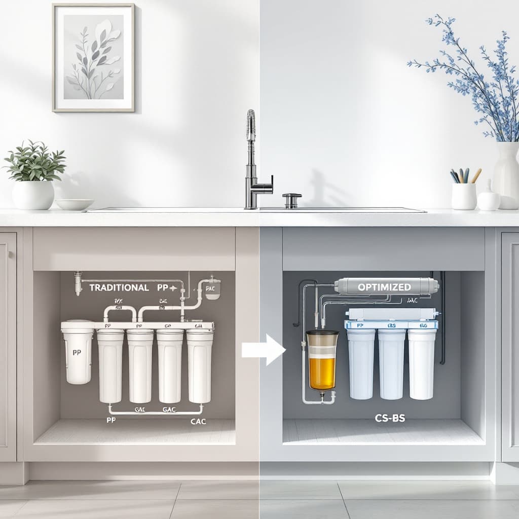 AI generated: A modern kitchen scene with a sink and countertop on the left, and a traditional multi-stage water f...