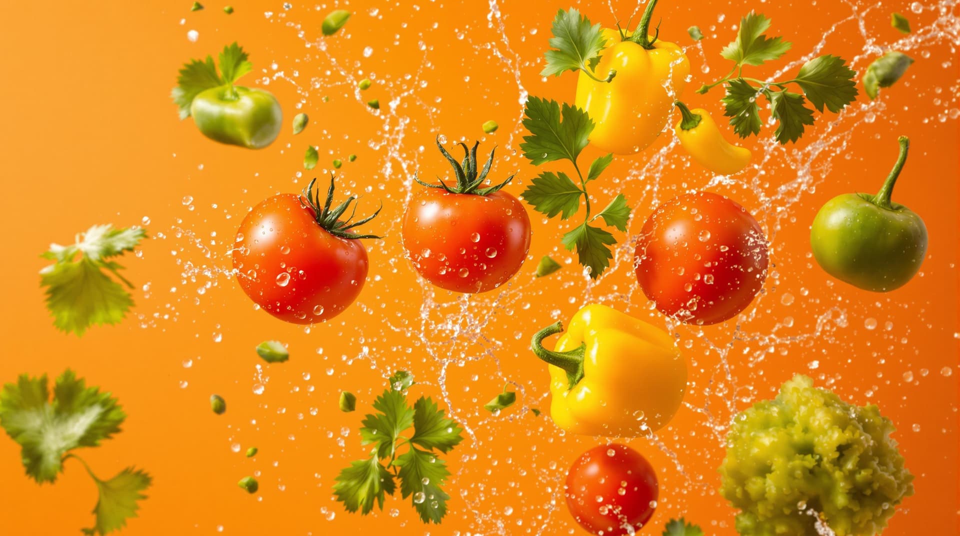 AI generated: Vibrant fresh vegetables, dynamic food photography, flying tomatoes and produce, colorful culinary c...