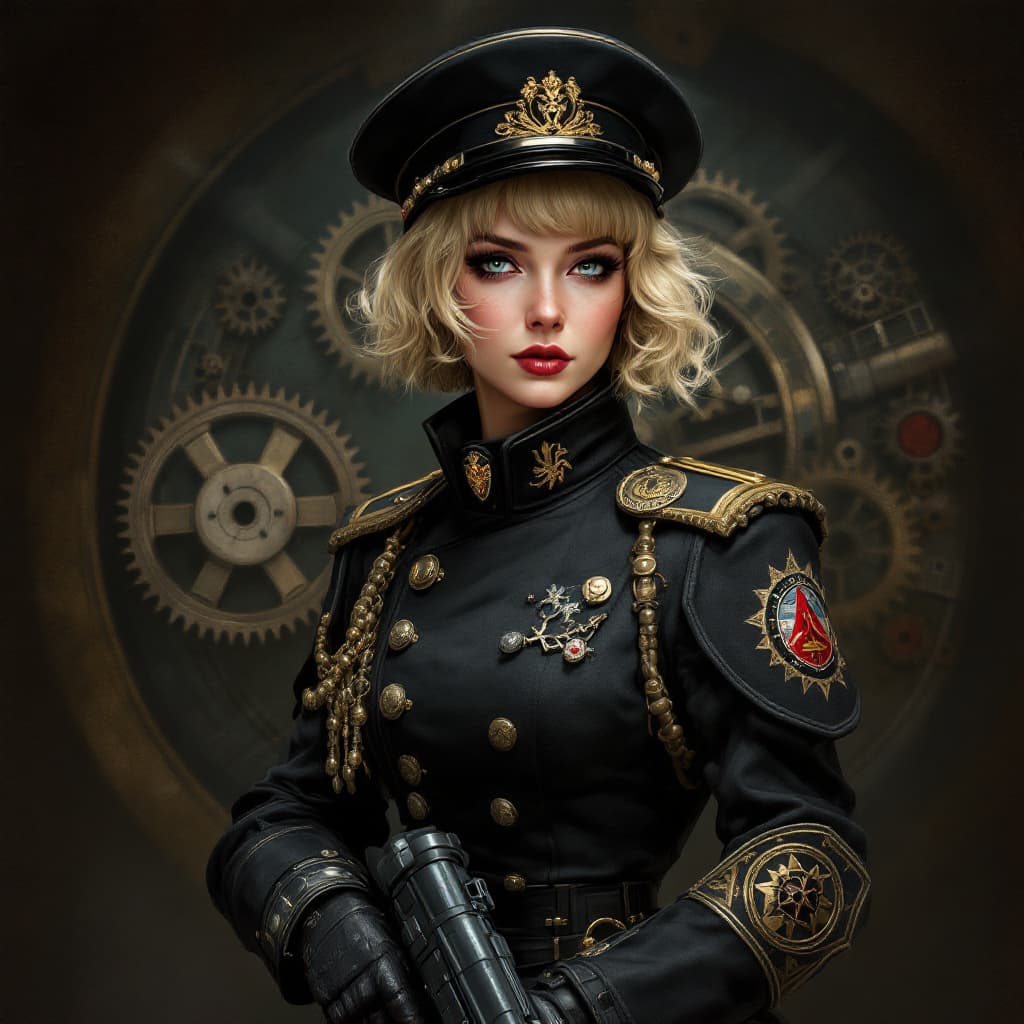 AI generated: full body, Portrait of a Evanna Lynch in warhammer 40k comissar tunic, short hair, dieselpunk, arist...