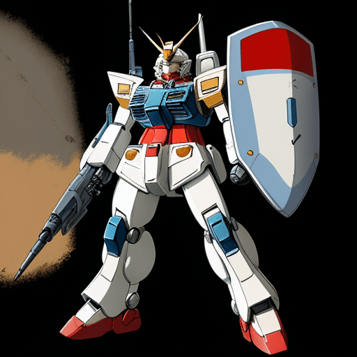AI generated: illustration of RX-78-2 Gundam, with shield and weapon, in the style of Kunio Okawara, anime, Mobile...