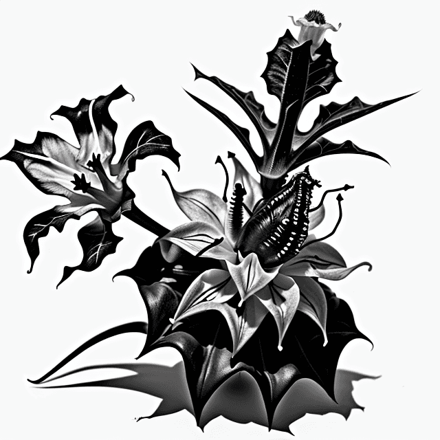 AI generated: datura flower with a huge  disgusting maggot on top of the flower , monochrome colors , white backgr...