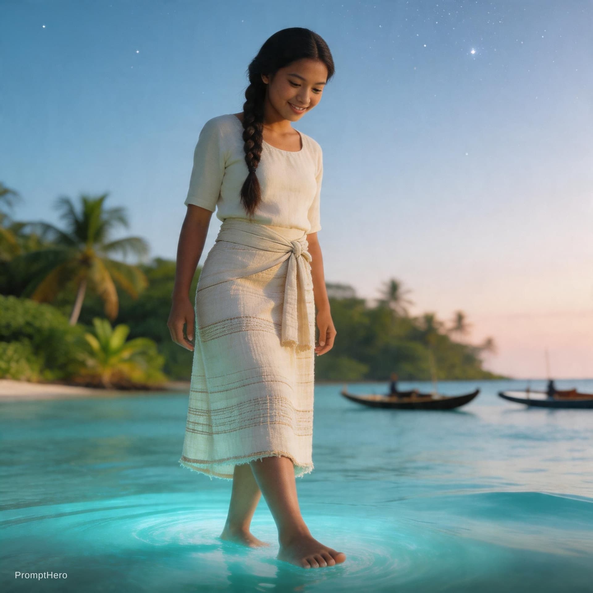 AI generated: An 8k full-body morning portrait of a beautiful 19-year-old Tahitian woman with a youthful, sweet fa...