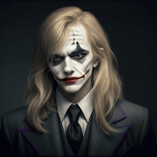 AI generated: A man with long bangs and shoulder-length blond hair stands in the foreground of the image. He has s...