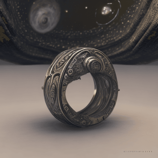 AI generated: Rendering of a titanium made ring for men, (( mystical engravings)), ((a cosmic scenery s depicted o...