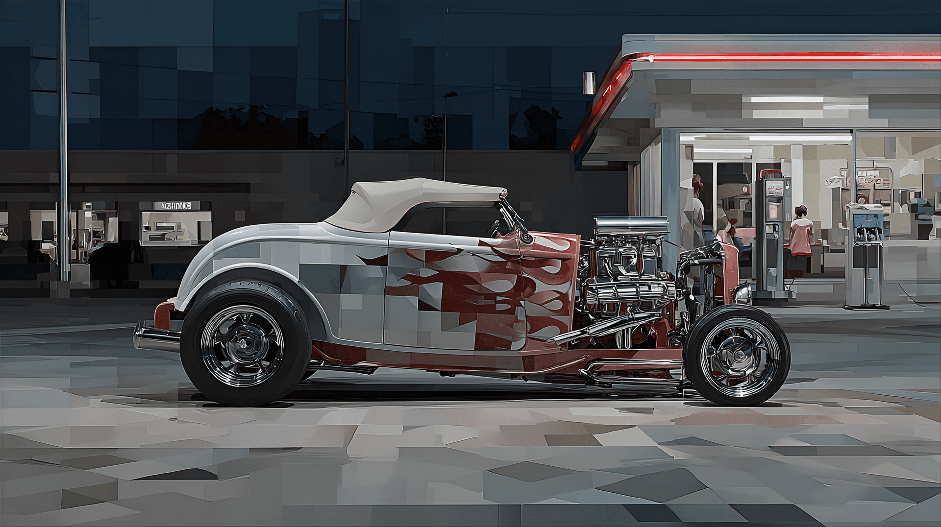 AI generated: hot rod with chopped roof, flames painted on sides, massive rear tires, visible supercharger, the ca...